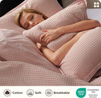 Bedsure Cotton Duvet Cover Queen - 100% Cotton Waffle Weave Pink Duvet Cover Queen Size, GentleSoft™ and Breathable Bedding Set for All Season, 3 Pieces, 90"x90"