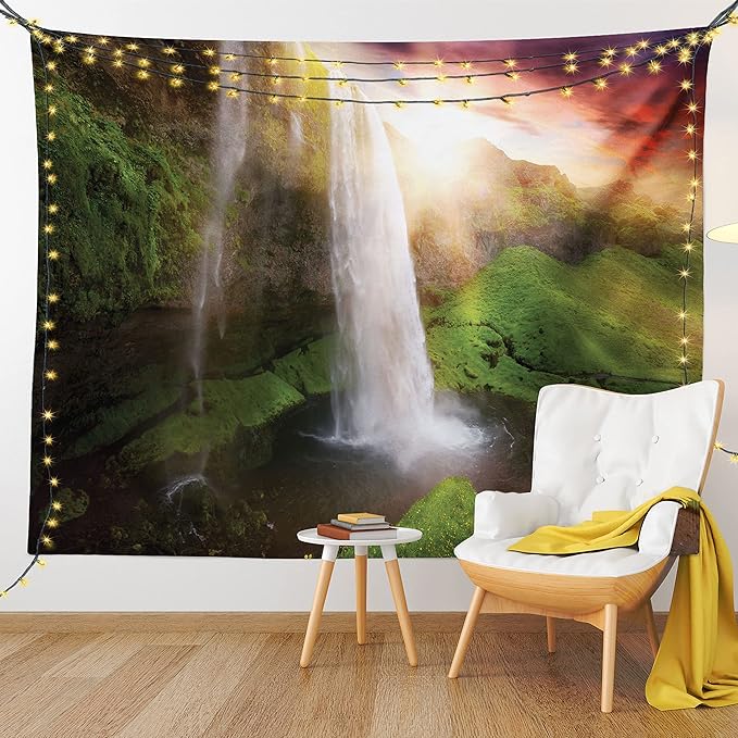 Ambesonne Waterfall Tapestry Queen Size, Waterfalls at Sunset Sky in Iceland Scenic Spring Rural Wildlife Art Image, Wall Hanging Bedspread Bed Cover Wall Decor, 88" X 88", Green Orange