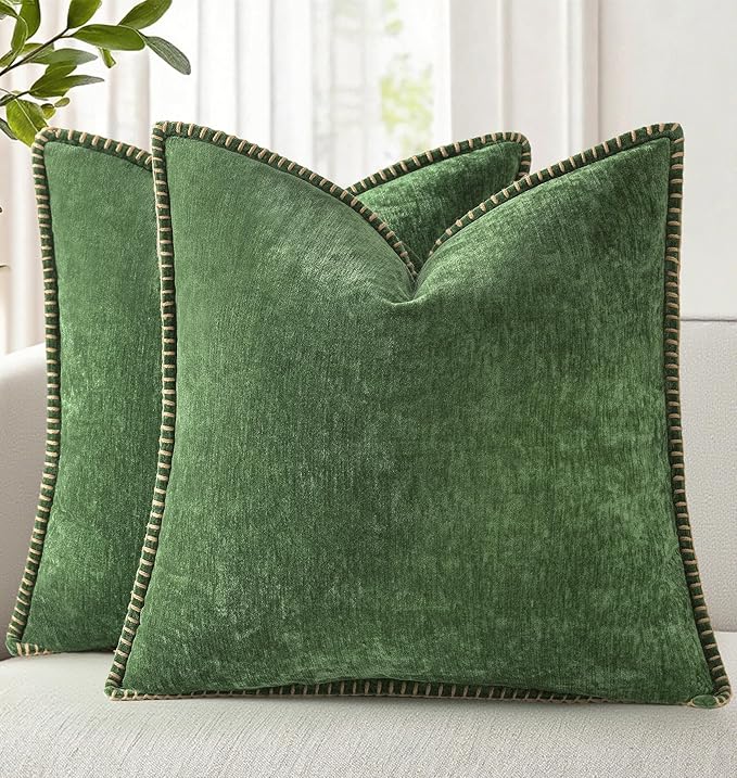 decorUhome Spring Chenille Soft Cozy Throw Pillow Covers 18x18 Set of 2, Modern Farmhouse Boho Velvet Decorative Pillow Cases with Stitched Edge for Couch Sofa Bed Home Decor, Forest Green