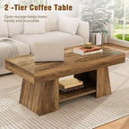 Tohomeor Coffee Table, 47.24" Farmhouse Wooden Rectangular Accent Center Tables with Storage Shelf Thick Base for Living Room, Home Office, Retro Brown