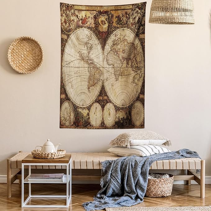 Ambesonne World Map Tapestry King Size, Old World Map Drawn in 1720s Nostalgic Style Art Historical Atlas Vintage Design, Wall Hanging Bedspread Bed Cover Wall Decor, 23" X 28", Multicolor
