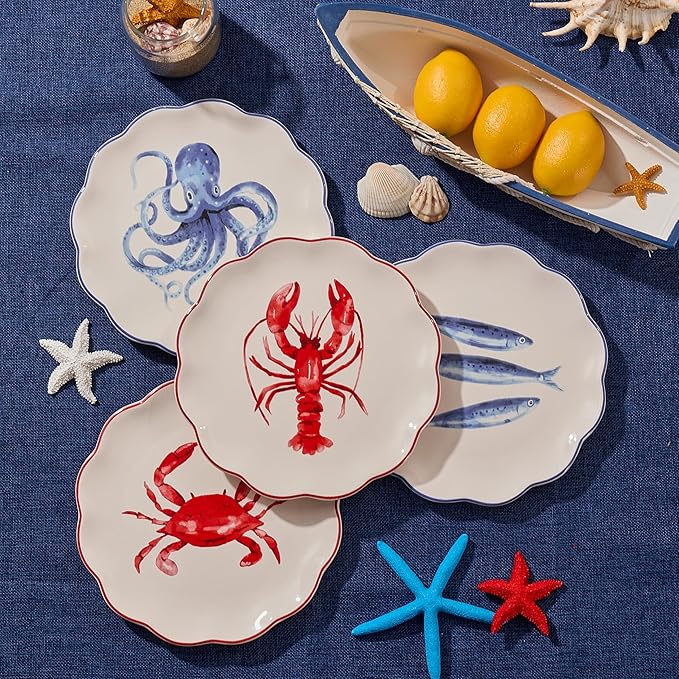 Bico Ocean Wonders Scalloped Salad Plates Set of 4, 8.75 Inch Ceramic Dessert Plates for Salad, Appetizer, Side Dishes, Microwave and Dishwasher Safe, Gift for Housewarming and Christmas