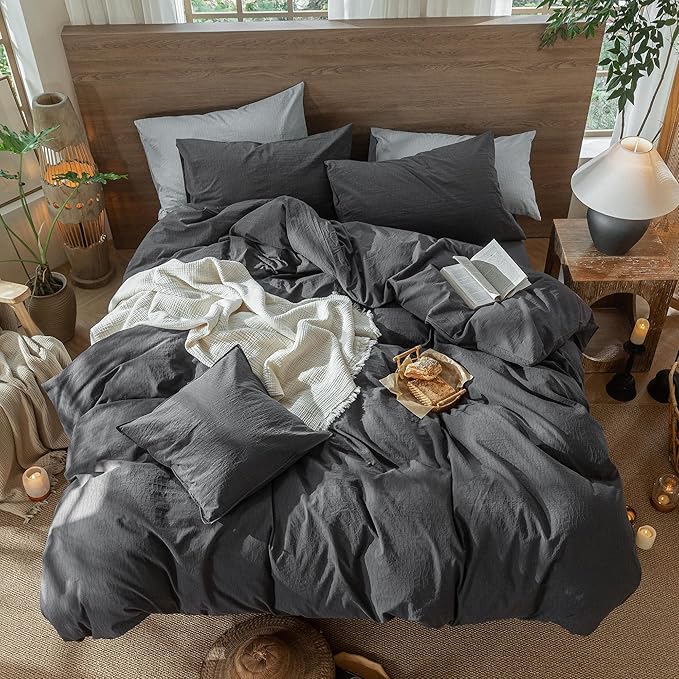 MooMee Wavy Striped Duvet Cover Set 100% Washed Cotton Linen Like Textured Breathable Durable Soft Comfy (Charocal Grey, King 104"x90")
