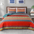Exclusivo Mezcla Reversible Boho Quilts Queen Size, Blue Bedspreads Lightweight Coverlet All Season Bohemian Quilt Bedding Set with Printed Floral Pattern (1 Quilt, 2 Pillow Shams)