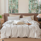 MooMee Striped Duvet Cover Set 100% Washed Cotton Linen Like Textured Breathable Durable Soft Comfy (White Cornflower Blue Wide Stripes, Palatial King/Oversized King 120"x98")