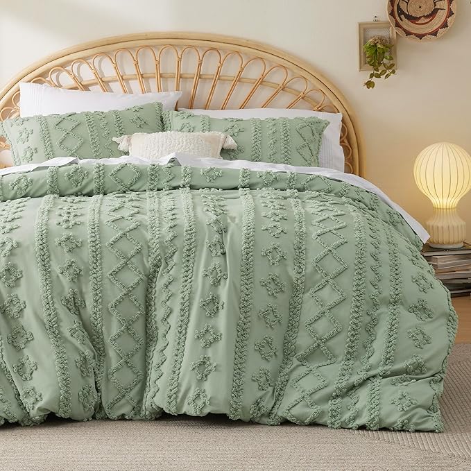 Bedsure Boho Duvet Cover King Size, Soft & Comfortable Elegant Design Boho Bedding for Decoration, Machine Washable Comforter Cover for All Seasons,Includes 1 Duvet Cover & 2 Pillow Shams,Light Green