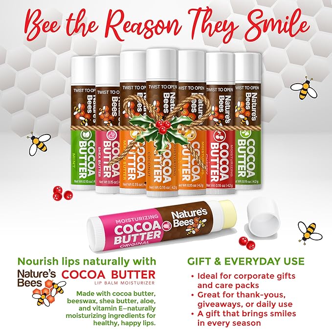 Nature's Bees Cocoa Butter Lip Balm, Original, Shea Butter, Olive Oil and Mango, Bulk Lip Care Pack for Dry Lips, Made with Coconut Oil, Beeswax, Vitamin E, Aloe, 0.15 oz 4 Flavors, 96 Pack