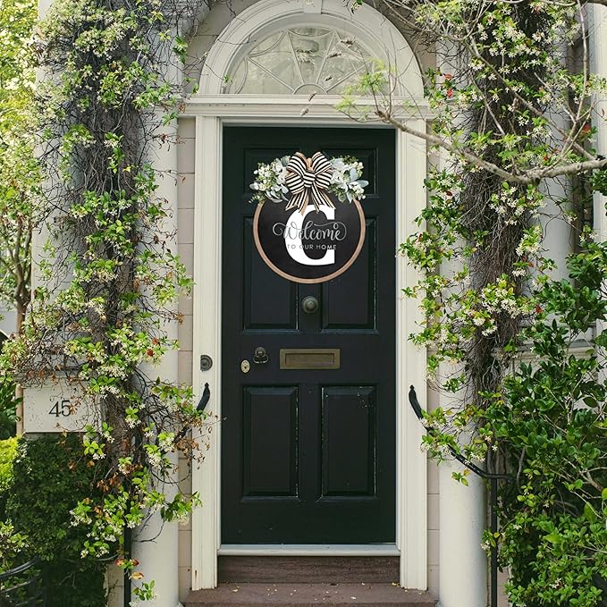 Circular Surname Front Door Welcome Sign - 26 Letter House Wreath, Front Porch Decorations, Year-Round Home Decor (C)