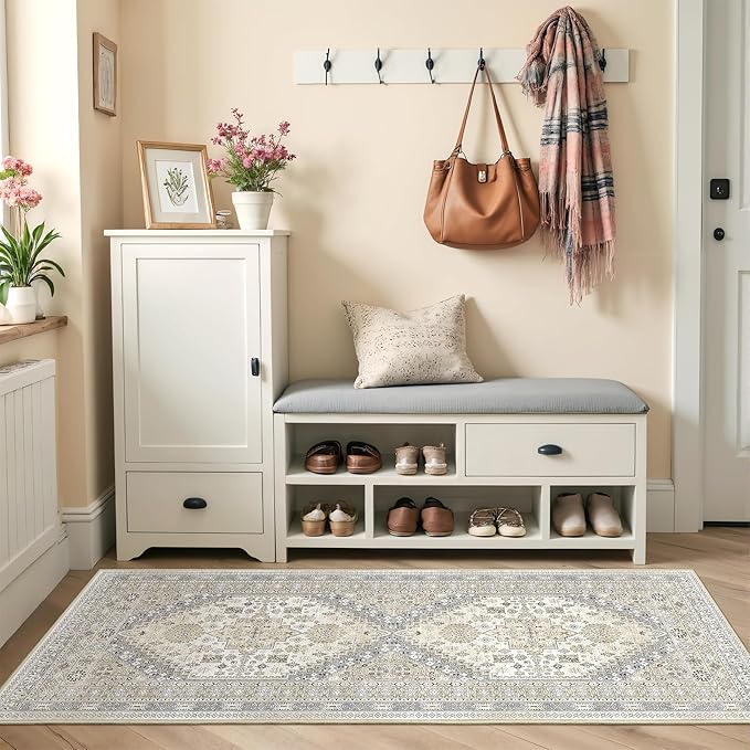 Runner Rug 2x6, Ultra-Thin Entryway Rug Non Slip Washable Rugs for Laundry Room, Runners for Hallways, Vintage Soft Rugs for Living Room, Kitchen, Bedroom(Beige,2'x6')
