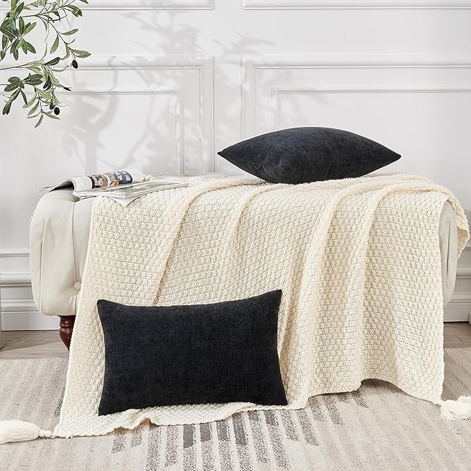 GAWAMAY Lumbar Pillow Cover Decorative Rectangle Throw Pillow Covers 12"x20" Inch Set of 2, Super Soft Chenille Pillowcase for Living Room Bedroom Sofa Couch Cushion Cover Black 30x50cm (No Insert)