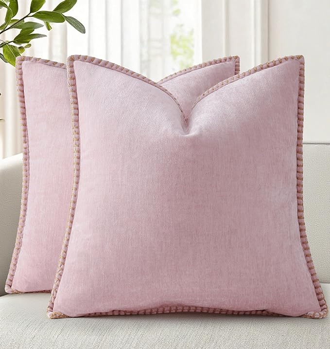 decorUhome Spring Chenille Soft Cozy Throw Pillow Covers 16x16 Set of 2 Modern Farmhouse Boho Velvet Decorative Pillow Cases with Stitched Edge for Couch Sofa Bed Home Valentines Decor, Blush Pink