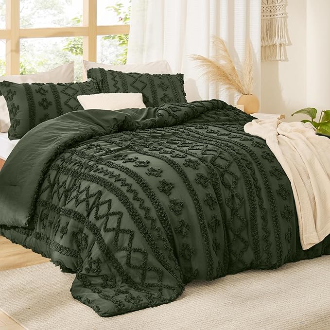 Bedsure Tufted Boho Comforter Set Twin Size - Olive Green Boho Bed Set, GentleSoft™ 2 Pieces Farmhouse Shabby Chic Embroidery Bedding, Gifts for Woman, Soft Jacquard Twin Comforter for All Seasons