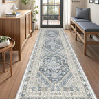 3x10 Runner Rug Non Slip Washable for Entryway, Front Porch, Vintage Hallway Runner for Laundry Room, Bedroom, Stain Resistant Thin Indoor Kitchen Mats for Floor(Blue/Beige,3'x10')
