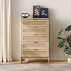 LINSY Rattan 5 Drawer Dresser for Bedroom, 46" Tall Mid-Century Modern Chest of Drawers, Deep Storage Dresser with Curved Corner Design, Large Accent Wood Cabinet for Bedroom, Oak