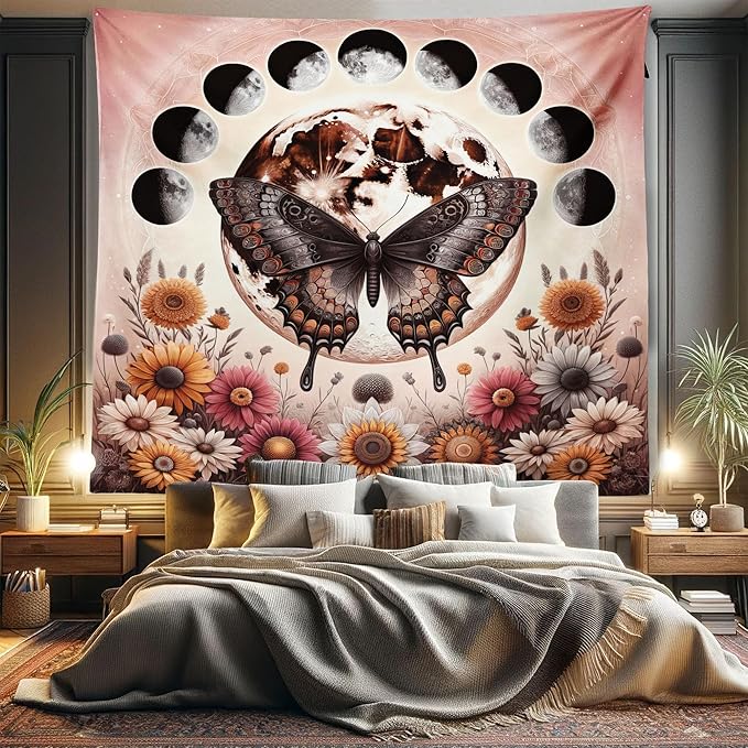 Ambesonne Boho Tapestry King Size, Springtime Butterfly Art with Delicate Floral Garden and Dreamy Moon Circle, Wall Hanging Bedspread Bed Cover Wall Decor, 104" X 88", Pale Ruby Dark Taupe
