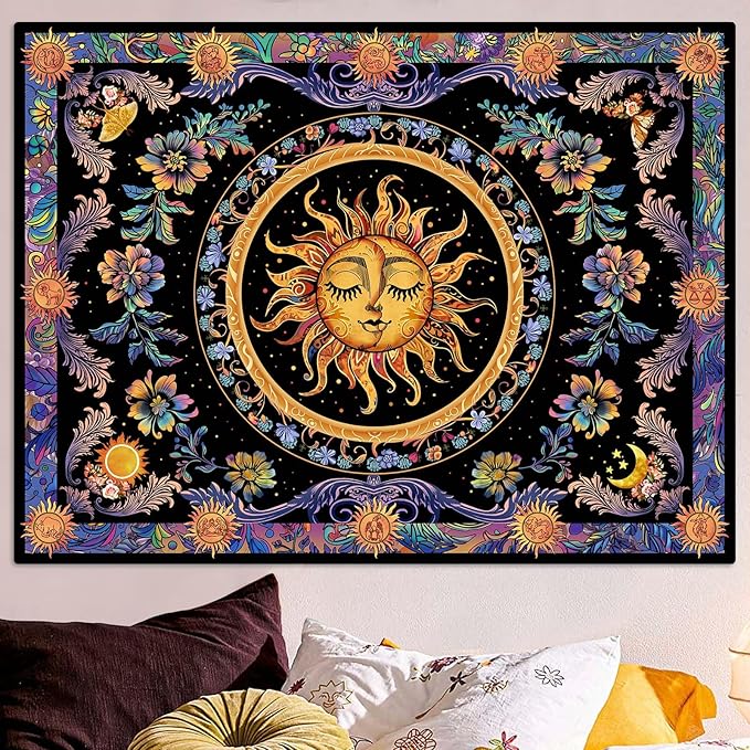 Accnicc Sun and Moon Tapestry Psychedelic Floral Plant Tapestries for Bedroom Aesthetic Hippie Boho Flower Tapestry Wall Hanging for Dorm Living Room (90'' × 68'')