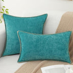 decorUhome Spring Chenille Soft Cozy Throw Pillow Covers 12x20 Set of 2, Modern Farmhouse Boho Velvet Decorative Pillow Cases with Stitched Edge for Couch Sofa Bed Home Decor, Turquoise