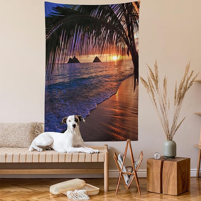 Ambesonne Hawaiian Tapestry, Pacific Sunrise at Lanikai Beach Hawaii Sandy Tropics Hills Leaves Landmark, Wall Hanging for Bedroom Living Room Dorm Decor, 60" X 80", Umber Purple