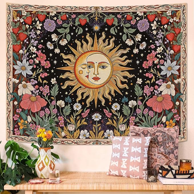 Accnicc Sun and Moon Tapestry Boho Vintage Floral Wall Tapestry for Bedroom Aesthetic Hippie Celestial Botanical Colorful Plant Small Tapestries Wall Hanging for Living Room Dorm 60 x 44 Inch