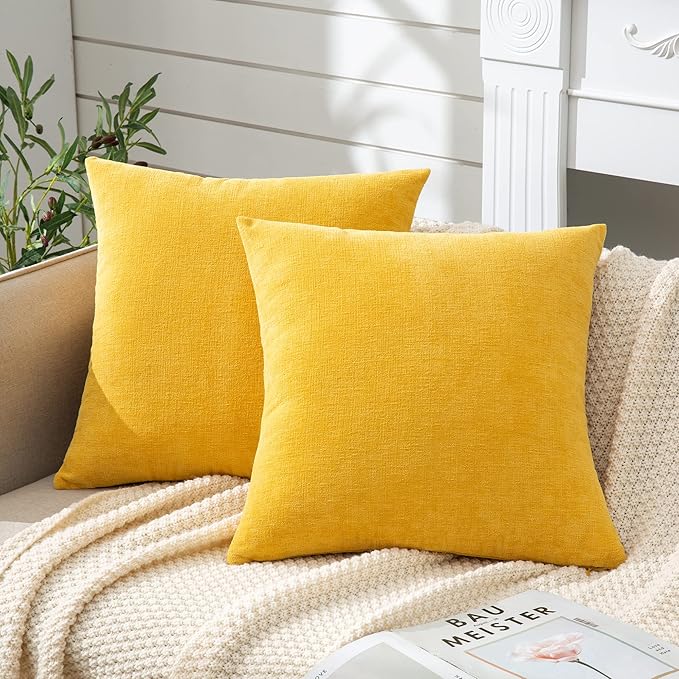 Decorative Square Throw Pillow Covers 20x20 Inch set of 2, Super Soft Chenille Farmhouse Pillowcase for Living Room Bedroom Sofa Couch Cushion Cover Gold Yellow 50x50cm/20x20 Inch