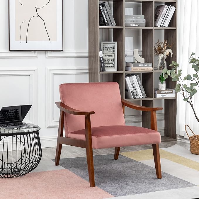 Accent Chair with Velvet Upholstery and Solid Wood Frame, Classic Mid-Century Modern Living Room Furniture for Extra Seating, Rose