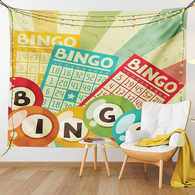 Ambesonne Vintage Tapestry, Bingo Game with Ball and Cards Pop Art Lottery Hobby Celebration Theme, Fabric Wall Hanging Decor for Bedroom Living Room Dorm, 45" X 30", Teal Multicolor