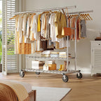 Raybee 74" W Heavy Duty Clothes Rack, Double Rods Clothing Rack Load 630 LBS, Rolling Clothes Racks for Hanging Clothes 400+, Garment Rack for Bedroom, Laundry Room, Retail Store