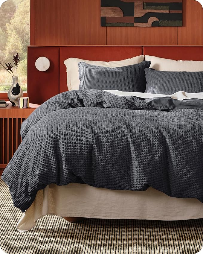 Bedsure Cotton Duvet Cover Set - 100% Cotton Waffle Weave Charcoal Duvet Cover Oversized King Size, GentleSoft™ and Breathable Bedding Set for All Season, 3 Pieces, 120"x98"