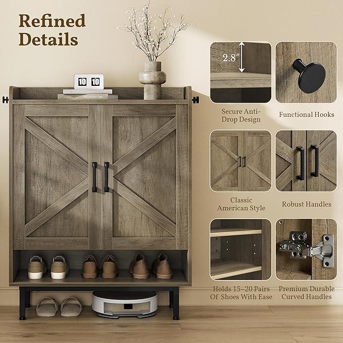 Yaheetech Shoe Storage Cabinet with Doors, Farmhouse Shoe Cabinet with 2 Adjustable Shelves and 4 Side Hooks, Wooden Shoe Rack Organizer Cabinet for Entryway, Foyer, Hallway, Washed Gray