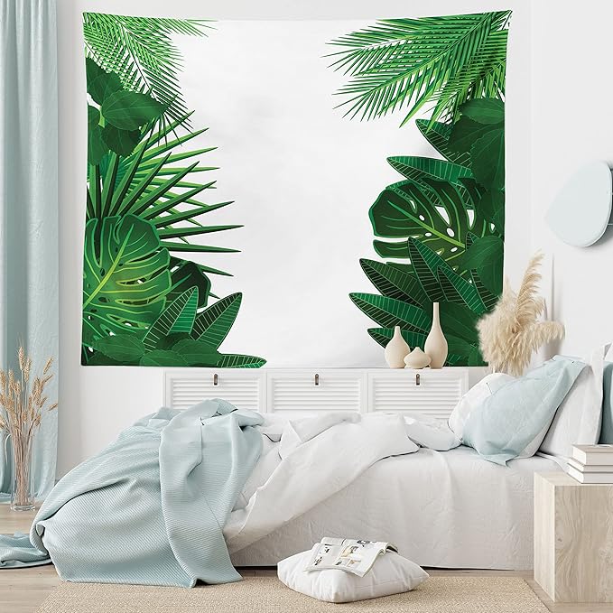 Ambesonne Leaf Tapestry King Size, Exotic Fantasy Hawaiian Tropical Palm Leaves Floral Graphic Art Print, Wall Hanging Bedspread Bed Cover Wall Decor, 104" X 88", Green White