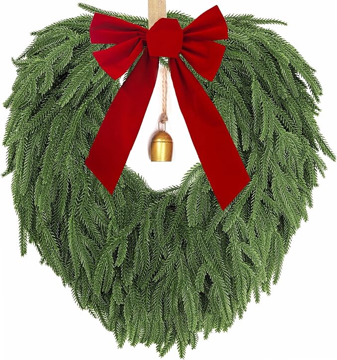 24" Norfolk Pine Wreath, Artificial Christmas Wreaths, Real Touch Green Winter Garland for Front Door Wall Indoor Outdoor Christmas Holiday Decor, with Bow & Bell, FF12