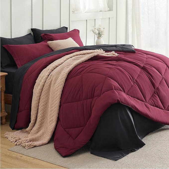 Bedsure King Size Comforter Set - 7 Pieces Reversible Burgundy and Black Bedding, King Size Bed Set for All Seasons, Bed in a Bag with Down Alternative Comforter, Sheets, Pillowcases & Shams