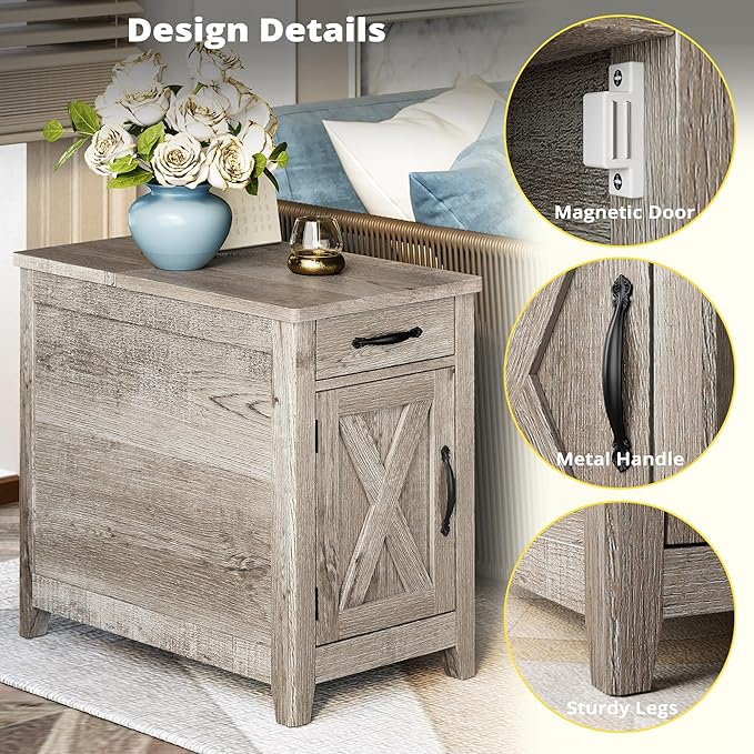 IRONCK End Table with Charging Station, Narrow Side Table for Living Room, Farmhouse Night Stand for Bedroom, Bedside Table with Storage and Drawer for Home, Beige Maple