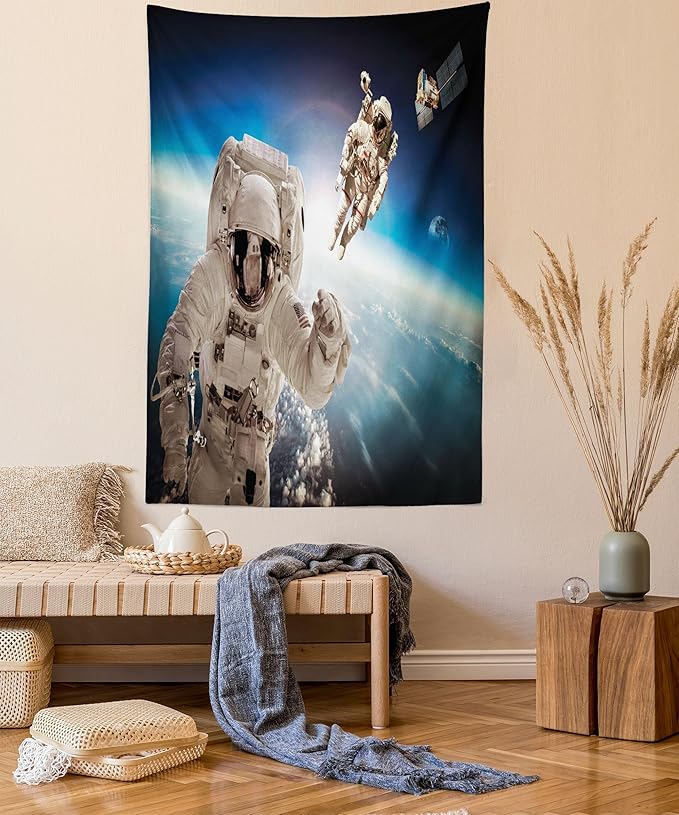Ambesonne Outer Space Tapestry, Cosmonaut Crew in Universe Astronomy Atmosphere Astral Journey Inspired Image, Wall Hanging for Bedroom Living Room Dorm Decor, 40" X 60", Beige Blue