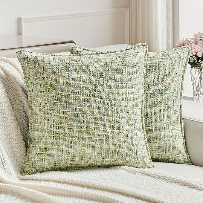 FUTEI Light Green Decorative Throw Pillow Covers 18x18 Inch Set of 2,Soft Chenille Tweed Textured Cushion Case,Modern Home Decor for Couch Bed Living Room