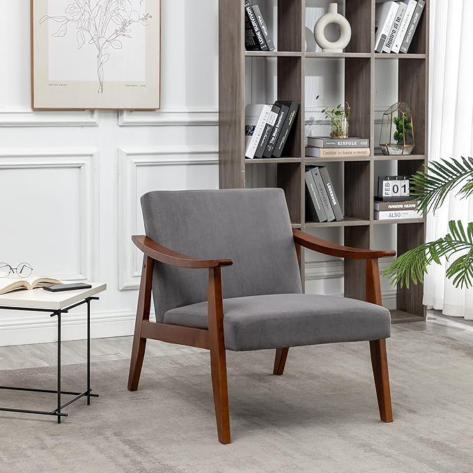 Accent Chair with Velvet Upholstery and Solid Wood Frame, Classic Mid-Century Modern Living Room Furniture for Extra Seating, Grey