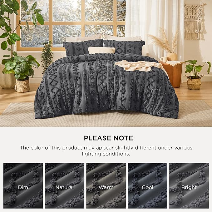 Bedsure Tufted Boho Comforter Set Full Size - Dark Grey Boho Bed Set, GentleSoft™ 3 Pieces Farmhouse Shabby Chic Embroidery Bedding, Gifts for Woman, Soft Jacquard Full Comforter for All Seasons