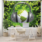 Ambesonne World Tapestry King Size, World of Music Themed Composition DJ Headphones Musical Notes and Earth Globe, Wall Hanging Bedspread Bed Cover Wall Decor, 104" X 88", Lime Green Grey