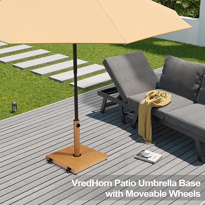 Patio Umbrella Base 43lbs Outdoor Umbrella Stand with Wheels, Heavy Duty Square Concrete Stand Market Umbrella, Teak
