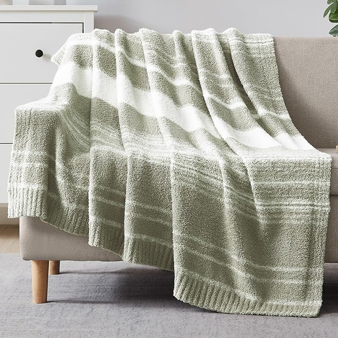 WRENGONGE Sage Green Throw Blanket, 60x80 Soft Cozy Striped Throw Blankets for Couch, Sofa, Bed, Travel, Lightweight Fluffy Warm Plush Decorative Blankets for Women, Men Gift