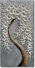 100% Hand-Painted 3D White Vertical Abstract Flower Tree Painting, Canvas Texture Mural, Living Room, Bedroom, Dining Room Mural 24x48 inchs