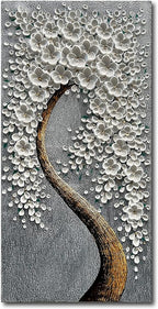 100% Hand-Painted 3D White Vertical Abstract Flower Tree Painting, Canvas Texture Mural, Living Room, Bedroom, Dining Room Mural 24x48 inchs