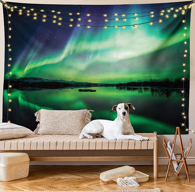 Ambesonne Iceland Tapestry Queen Size, Aurora Borealis View over Lake Thingvellir National Park Nature Print, Wall Hanging Bedspread Bed Cover Wall Decor, 88" X 88", Sea Green and Night Blue