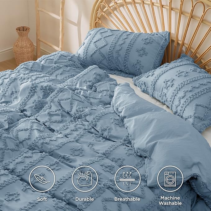 Bedsure Boho Duvet Cover Queen Size, Soft & Comfortable Elegant Design Boho Bedding for Decoration, Machine Washable Comforter Cover for All Seasons,Includes 1 Duvet Cover & 2 Pillow Shams,Dusty Blue