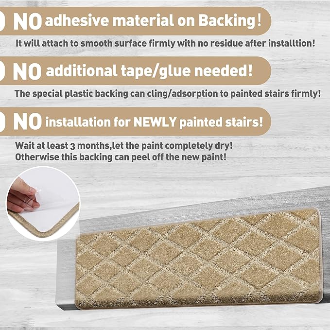 PURE ERA Bullnose Carpet Stair Treads Set Tape Free Non-Slip Indoor Stair Protectors Pet Friendly Rugs 9.5" x 30"(2 Pieces,Khaki Diamond Trellis)
