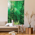 Ambesonne Forest Tapestry, Sun Rays Bursting into the Forest Trees Foliage Misty Morning Serenity Picture, Fabric Wall Hanging Decor for Bedroom Living Room Dorm, 23" X 28", White and Green