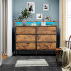 BOLUO Brown Dresser with LED Light and Charging Station for Bedroom 6 Drawer Dresser with USB Outlet, Fabric Dressers & Chests of Drawers Modern