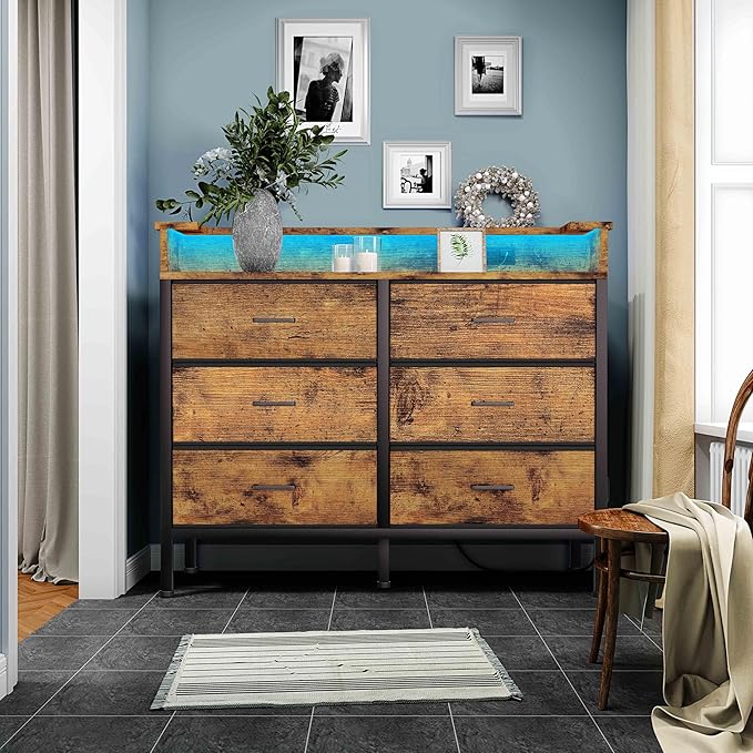 BOLUO Brown Dresser with LED Light and Charging Station for Bedroom 6 Drawer Dresser with USB Outlet, Fabric Dressers & Chests of Drawers Modern