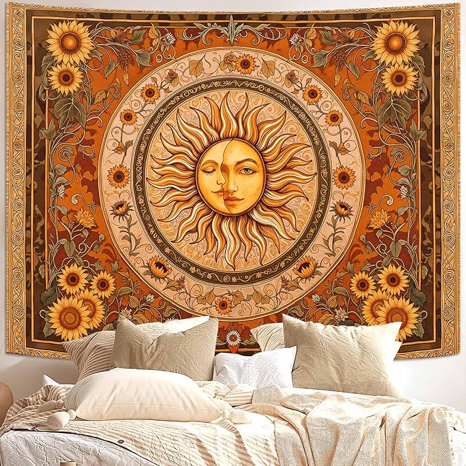 Accnicc Vintage Sun and Moon Tapestry Boho Yellow Orange Indie Wall Tapestry for Bedroom Aesthetic Sunflower Extra Large Hippie Fall Tapestries Wall Hanging for Living Room Dorm 90 x 68 Inch