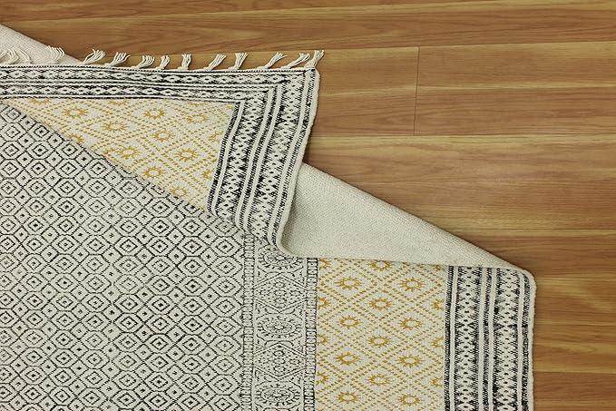 Kilim Rug 2x3 Area Rug Beige & Black Cotton Dhurrie Oriental Thick 0.19 inches Stone Easy Washable Rug Hand Wash Cotton Carpet Flatweave Rug Indoor Outdoor Rugs for Kitchen, Bedside, Enterway